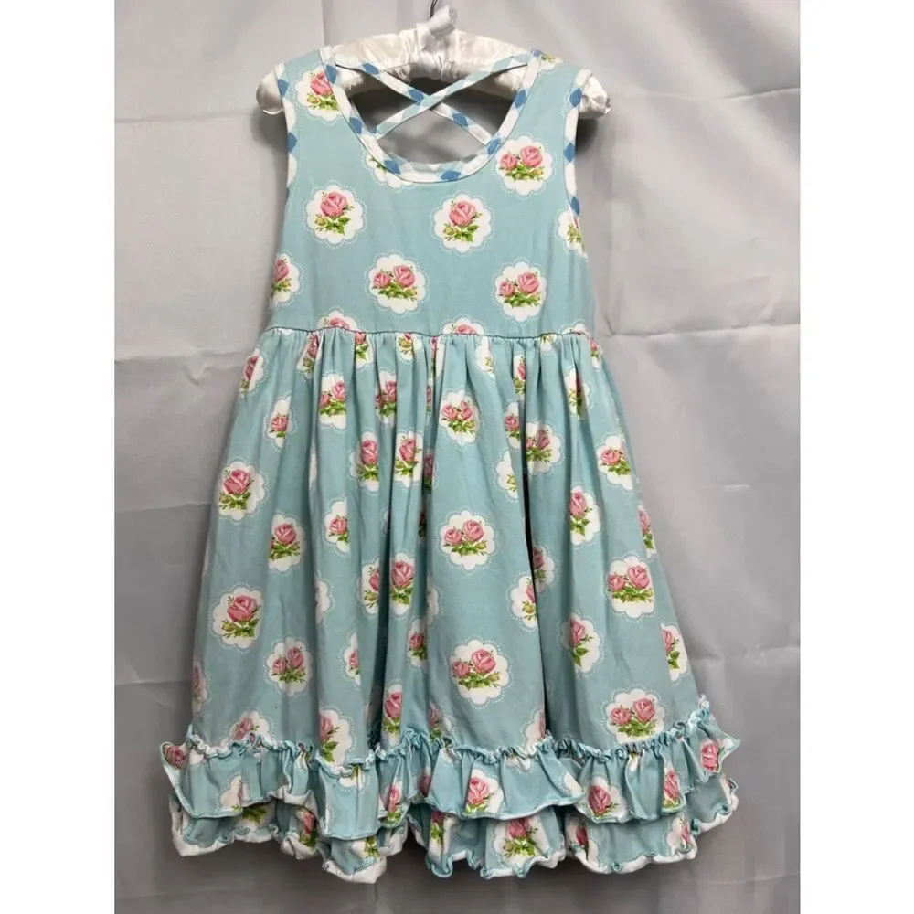 Swoon Baby blue with pink rose print ruffle hem twirl dress size 5